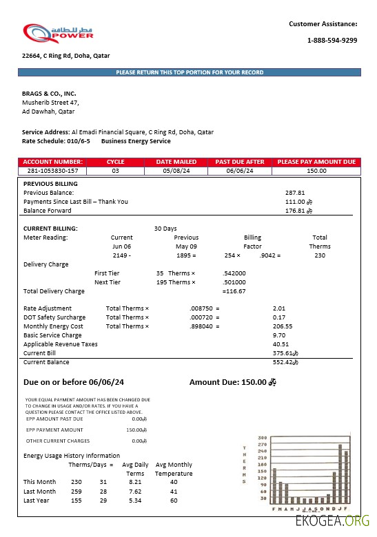 Modèle de facture de services publics d'électricité de la Qatar Power Company aux formats Word et PDF